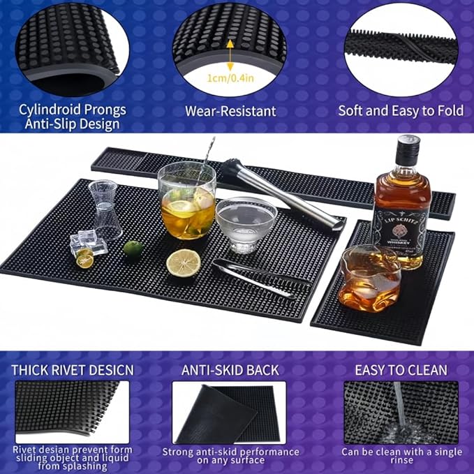 WANGCHAO Bar Mat Set - 8mm Thick Anti-Skid Non-Toxic Rubber Bar Mat for Home Bar, Countertop, Restaurants, Coffee Bar Mat - Premium Rubber Bar Service Spill Mat (3 pack) (24*3"+18*12"+12*6")