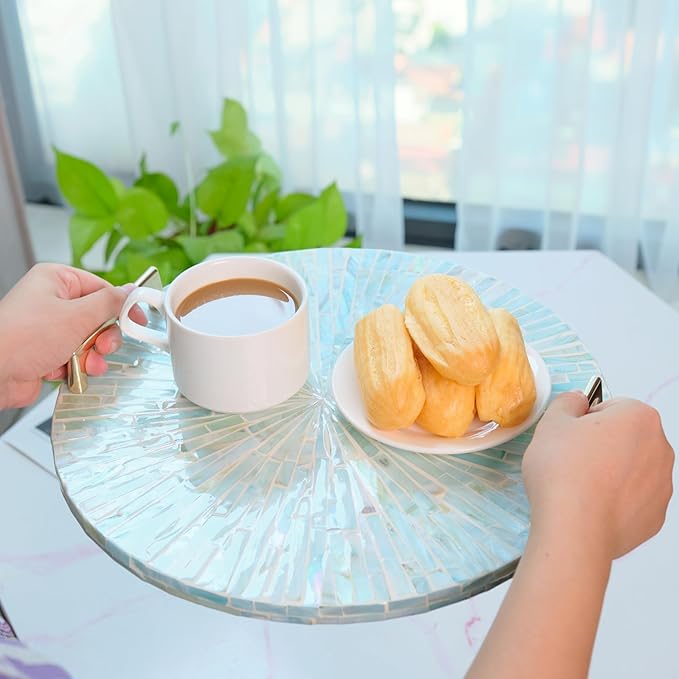 PEMAR Mother of Pearl Decorative Tray, 13" Round Display and Serving Tray with Gold Handles, Vanity/Perfume/Trinket Catchall for Dresser, Bathroom, Vanity Table (Teal Sunlight Starburst Pattern)