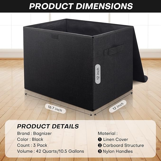 Large 17" 42 Quarts Collapsible Stackable Storage Bins with Lids [3-Pack] Foldable Fabric Linen Storage Boxes Cube, Closet Organizer Baskets with Label (16.7 x 12 x 12", Black)