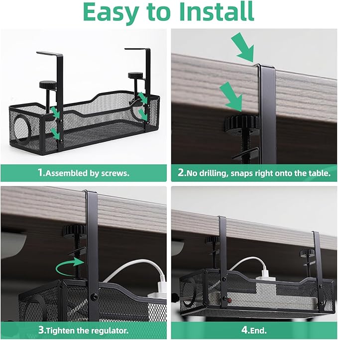 Under Management Tray Kit No Drill, Metal Mesh Cable Management Under Desk Cable Tray with Clamp for Wire Management and Cord Organizer Cable Rack for Home Office Desk (Black)