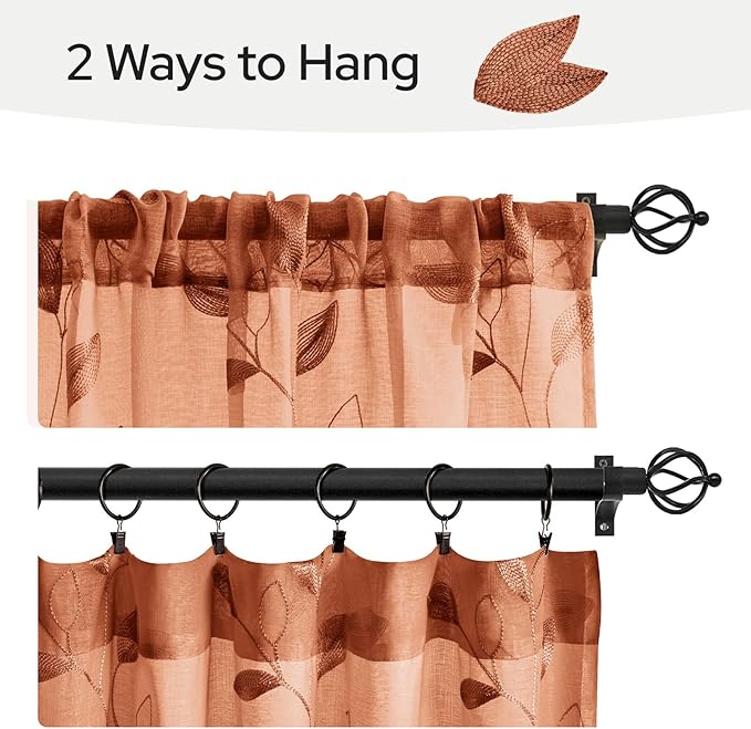 HOMEIDEAS Fall Burnt Orange Sheer Kitchen Curtains 30 X 36 Inch Length 2 Panels Embroidered Leaf Pattern Short Curtains for Small Window Valance Tiers