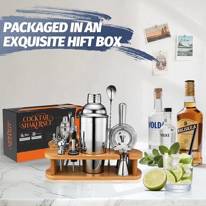 Cocktail Shaker Set Bartender Kit: 13-Pcs Bar Tools Set with Bamboo Stand, Essential Bar Accessories for Home: 25oz Martini Shaker, Jigger, Bar Spoon, Professional Cocktails Kit for Drink Mixing |Gift