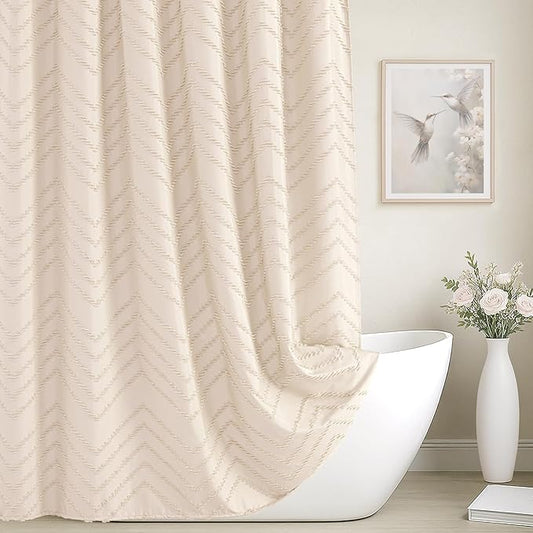 Cream Shower Curtain Boho Farmhouse Shower Curtain 72”W x 72”L Tufted Chevron Textured Minimalist Shower Curtains for Bathroom