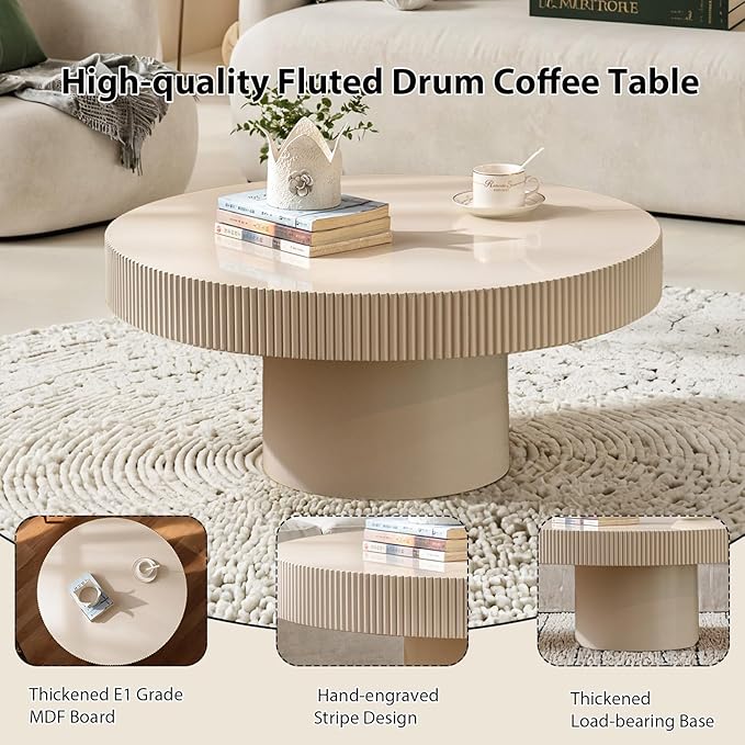 Round Fluted Coffee Table Mid Century Modern Coffee Tables with Handcrafted Relief Circle Drum End Table Rustic Industrial Center Tables for Apartment Living Room (White Round Thin)