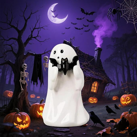 Halloween Ghost Figurine with Black Bat, Funny Ghost Decor, Ghost Statue Halloween Decor, Cute Decorations for Home Table Fireplace,Party Decorations, Small Gifts