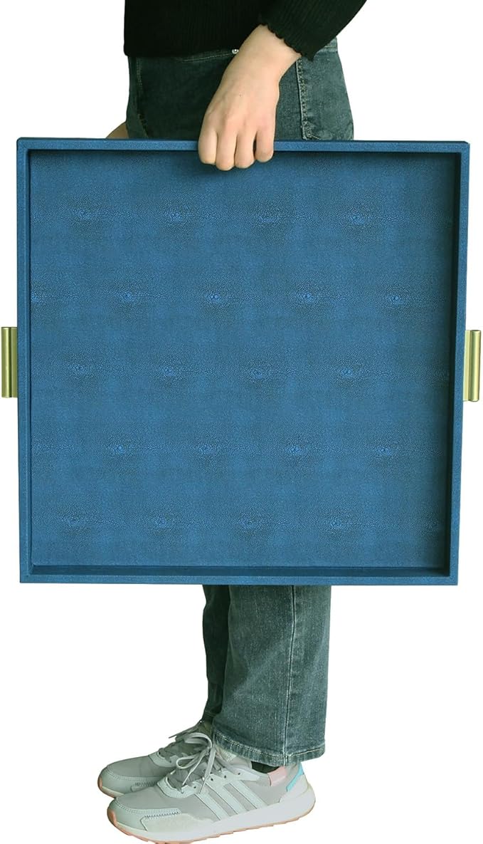 HofferRuffer Elegant Decorative Serving Tray, 20"x20" Square Faux Leather Ottoman Tray with Gold Hardware Handles, Coffee Table Serve Tea, Coffee or Breakfast (Navy Blue)