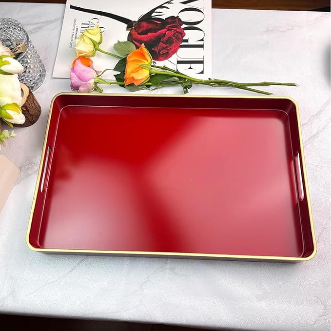 Red Decorative Tray, Serving Tray with Handles, Plastic Rectangular Tray for Ottoman, Coffee Table, Bathroom, Living Room. 15.7"*10.2"