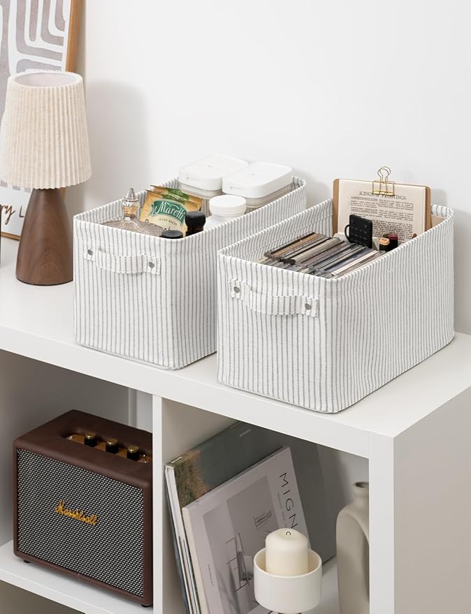 StorageWorks Narrow Storage Bins, Small Basket for Closet and Shelves, Rectangular Fabric Organizer with Handles, Toilet Paper Storage, Khaki and Beige Stripes, 2-Pack