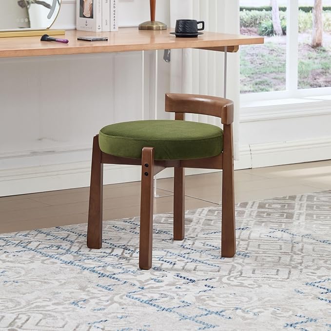 LukeAlon Cute Velvet Upholstered Vanity Stool, Round Makeup Stool with Wooden Legs Small Ottoman Chair Modern Padded Seat for Makeup Room Cloakroom Bedroom Entryway, Vintage Green