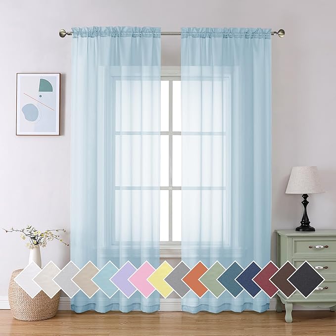 Aiyufeng 2 Pack: Basic Sky Blue Sheer Curtain Drapes 84 Inch Length 2 Panels for Living Room, Light Filtering Voile Drapes for Bedroom, Patio, Sliding Door, Each 40" W x 84" L