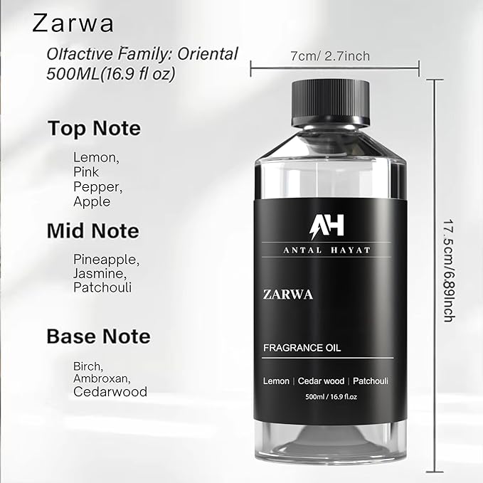 Hotel Scents Diffuser Oil Zarwa 500ml – Creed-Aventus Inspired Luxury Scent – Lemon, Cedarwood, Patchouli – Essential Oil Refill for Waterless & Ultrasonic Diffuser – Home & Hotel Aromatherapy Oil