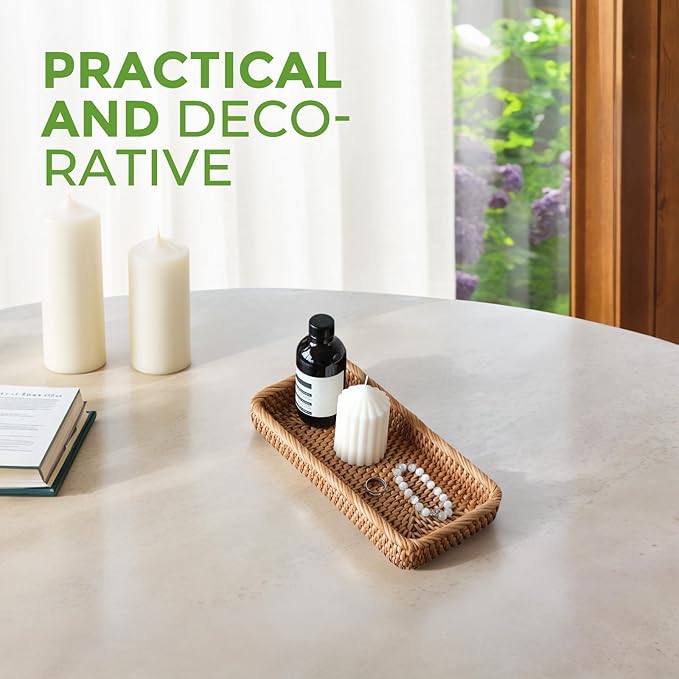 Small Rattan Serving Tray, Natural Wicker Decorative Tray for Trinket Ring Cosmetic, Rectangular Keys Basket Jewelry Perfume Trays for Coffee Table Entryway Living Room(10" × 5.1")