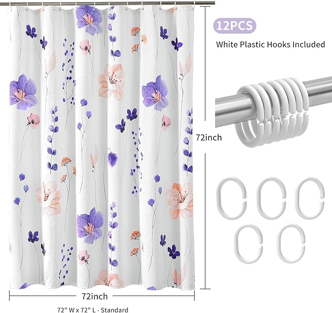 QIYI 3D Embossed Butterflies Blue Purple Flower Shower Curtain, Minimalist White Cloth Textured Waterproof Fabric Set with Hooks, 72x72