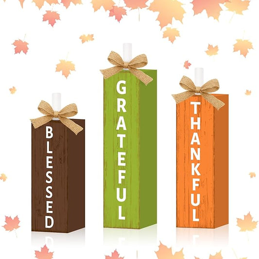 3 Pcs Fall Decorations for Home Wooden Thanksgiving Tiered Tray Decor, Thankful Fall Table Decor Vintage Farmhouse Autumn Harvest Tabletop Centerpieces Table Sign Kitchen Indoor Mantel