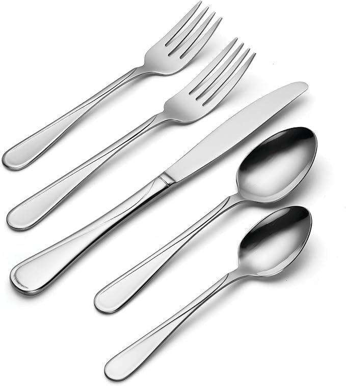 Oneida Silverware Set For 8, Flight 45-Piece Everyday Flatware Set with Serving Utensils, Service For 8, 18/0 Stainless Steel, Dishwasher Safe, Knives Spoons and Forks Set, Dining (Silver, 45 pieces)