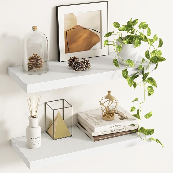 Fun Memories Floating Shelves - 2 Pack 9 Inch Deep Rustic Wooden Wall Shelves - Wall Mounted Storage Shelf with Invisible Brackets, 24" W x 9" D x 1.6" H - White