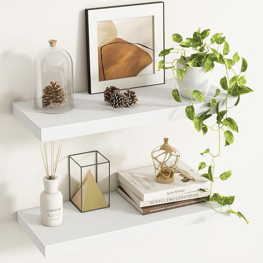 Fun Memories Floating Shelves - 2 Pack 9 Inch Deep Rustic Wooden Wall Shelves - Wall Mounted Storage Shelf with Invisible Brackets, 24" W x 9" D x 1.6" H - White