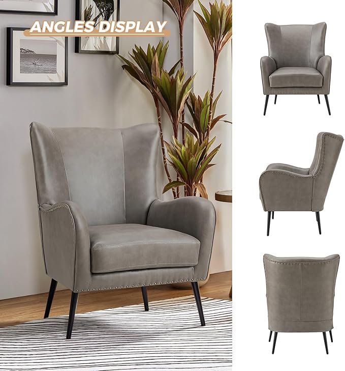 HULALA Home Faux Leather Accent Chair Set of 2 w/Removable Cushion, Comfy Upholstered Armchair with Metal Legs & Nailhead Trim Wingback Vanity Chair Desk Chair for Reading Living Room Bedroom, Grey