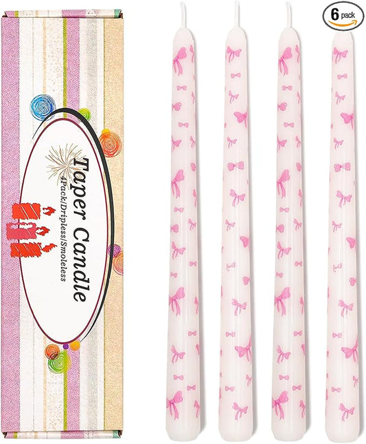 Birthday Bowknot Candles 4 Pcs Unscented, Smokeless, Dripless Long Tapered Candlesticks Candles for Birthday Dinner Dating Wedding Party Home Decor