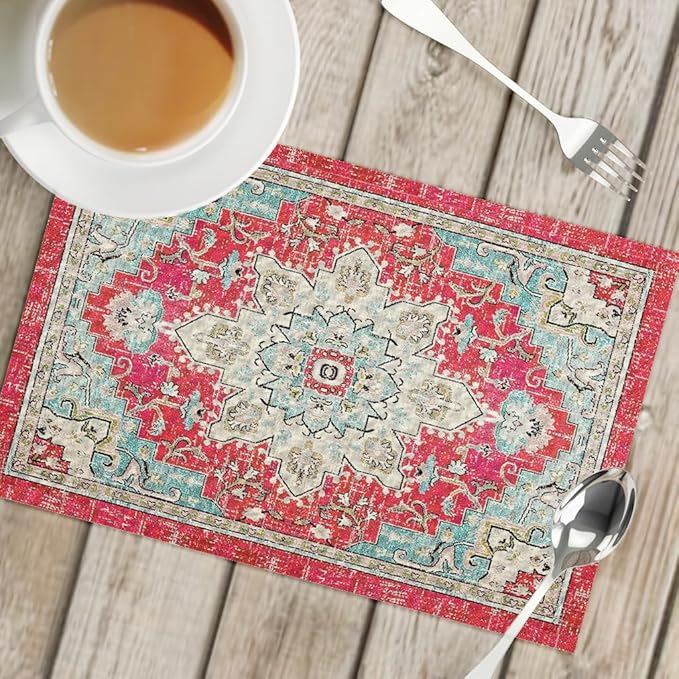 Snycler Table Runner Boho Table Runners Vintage Elegant Farmhouse Table Center Linen Decor for Home Dining Party Entrance (12x18 Inch ,Set of 4) Boho-Pink