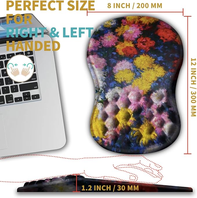 Hokafenle Ergonomic Mouse Pad Wrist Support with Massage Design, Wrist Rest Pain Relief Mousepad with Memory Foam&Non-Slip PU Base, Mouse Pads for Wireless Mouse & Desk(12x8 inch,Monet Chrysanthemum)