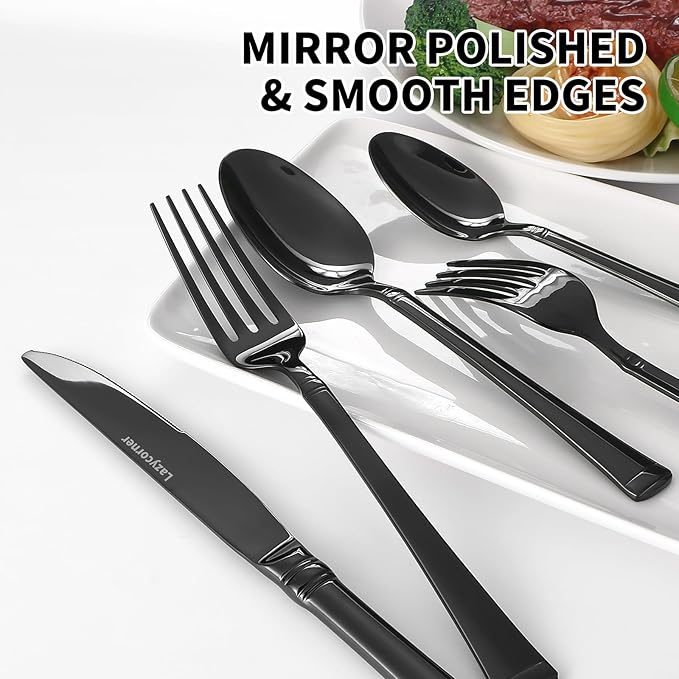 Black Silverware Set,18/10 Heavy Stainless Steel Flatware Set,40 Piece Cutlery Set，Mirror Polished,Dishwasher Safe