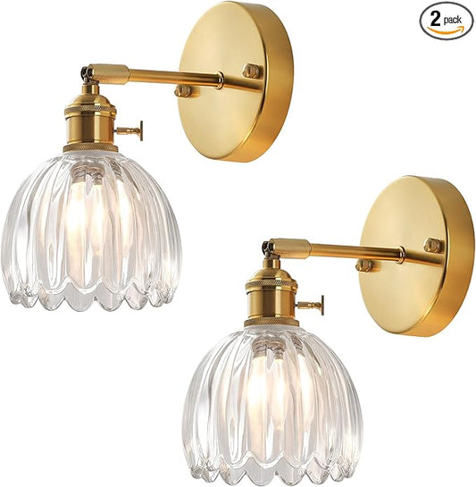 Plug in and Hardwired Wall Sconces, Luxury Vintage Tulip Crystal Glass Shade Wall Light with Switch for Bedside Bedroom Living Room (Tulip-Clear, 2)