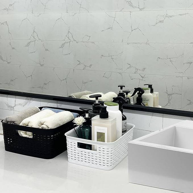 Plastic Storage Baskets for Cabinets, Household Pantry Organization with Handle,Organizer Bins for Room,Bathrooms,Under-Sink,Kitchen (White, M-3PACK)