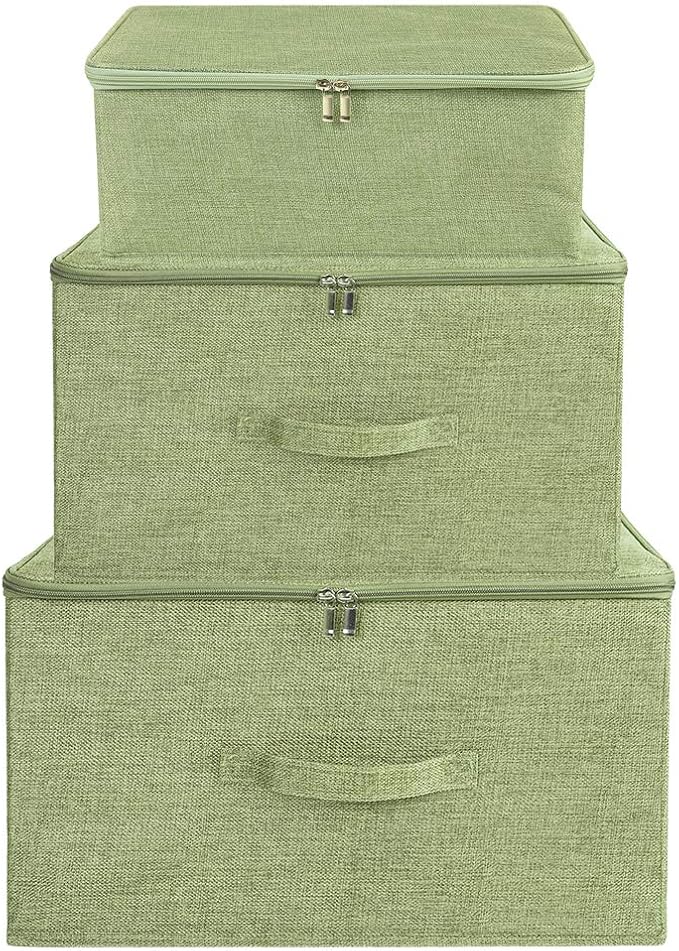 ANMINY Storage Bins with Zipper Lids 36 Qt Lidded Fabric Storage Boxes Baskets Cubes with Handles Collapsible Washable Cotton Linen Closet Shelf Clothes Organizer Containers - Green, Large