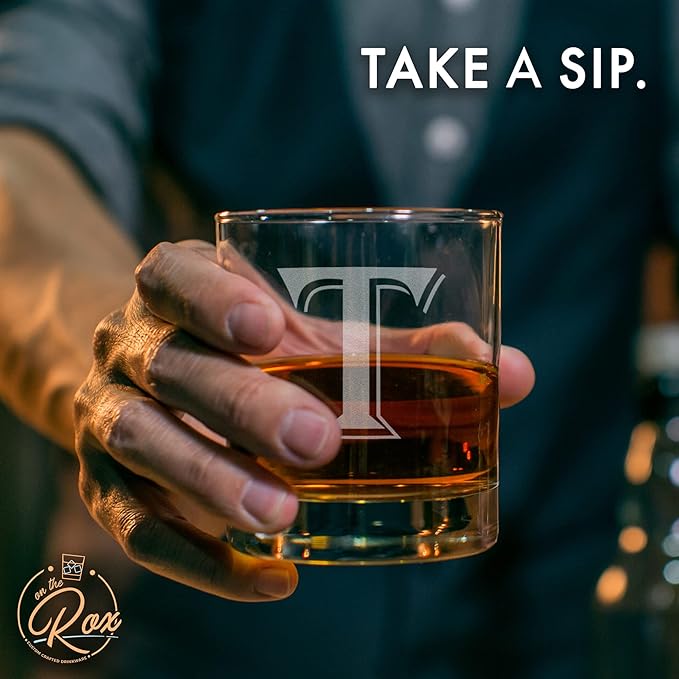 (T-Monogram)- 4 Piece Set of 11 Ounce Engraved Heavy Base Rocks Glasses Elegant Glass-Multi-Purpose Beverage-Rocks Glass- Gift for any Occasion- By: On The Rox