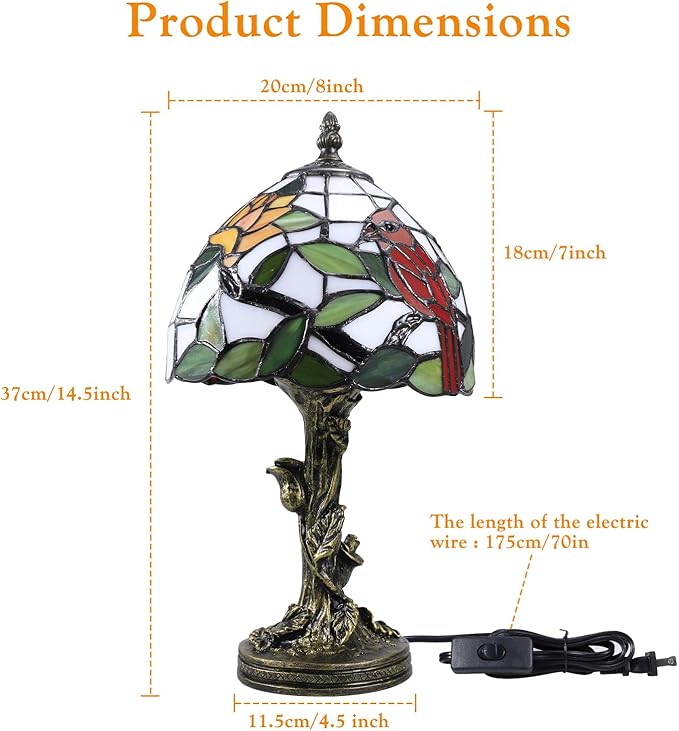 Tiffany Style Table Lamp Cardinal Stained Glass Lamp,8" Tiffany Lamp for Living Room Home,Bedroom Bedside Vintage Lamp for Office Dorm Bar Decor Gift,Included LED Bulb