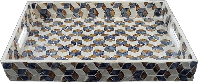 PEMAR Rectangular Mother of Pearl Serving Tray Coffee Table Ottoman Tray w Insert Handles, Luxury Decorative Handmade Eating Tray (Geometric Cube Pattern)