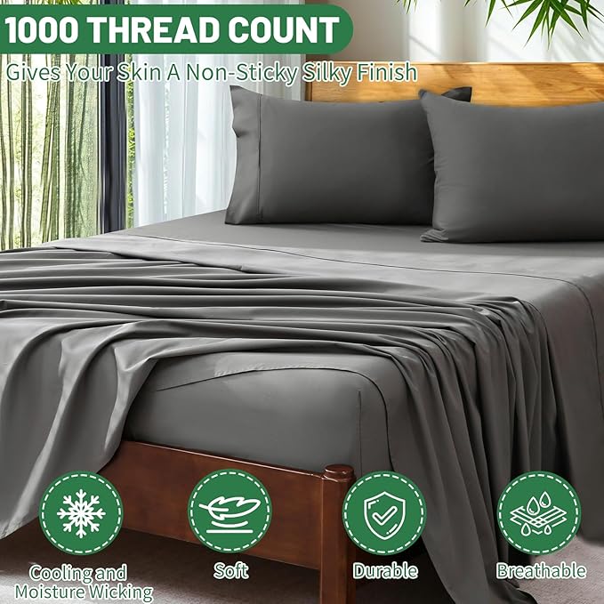 Extra Deep Pocket Queen Sheets 18-24 Inch 100% Egyptian Cotton 1000 Thread Count Sateen Weave Soft Breathable 4 Pieces（Queen,Dark Grey）