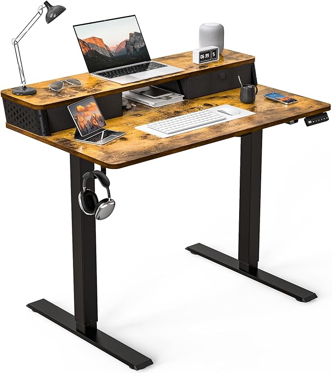 40 x 24 Inch Standing Desk with 2 Drawers, Easily Assembled Height Adjustable Desk, Ergonomic Sit to Stand Electric Desk for Home Office Workstation, Rustic Brown