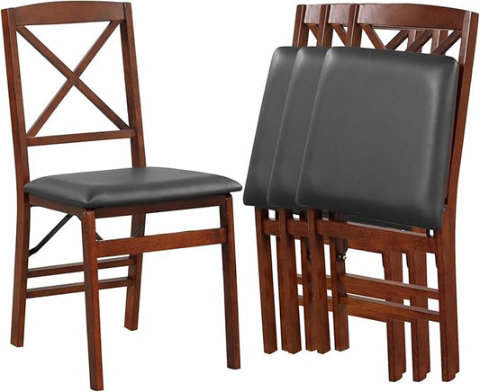 COSTWAY Folding Dining Chairs Set of 4, Upholstered Wooden Dining Room Chairs with X-Shaped Back, 400LBS Capacity and Solid Wood Frame for Kitchen Apartment (Brown & Black)
