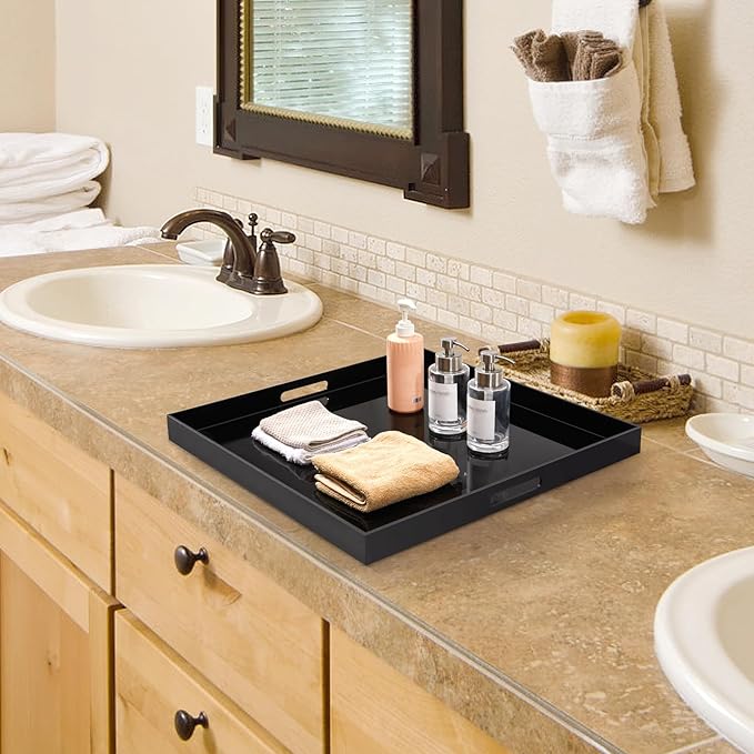 24×24 inches Oversized Black Acrylic Ottoman Tray Extra Large Decorative Tray Spill-Proof Serving Trays with Handles King-Size Safe Edge Organizer for Coffee Table Countertop Breakfast