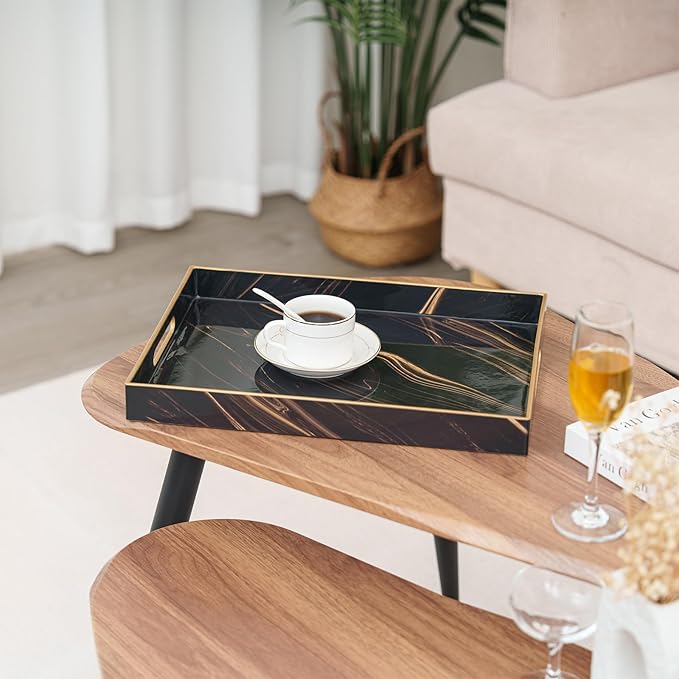 Set of 2 Serving Tray,Plastic Marble Coffee Table Tray 18.9"x13.7"x1.6"/15.7"x11.8"x1.6" Food Trays for Eating on Lap Coffee Tray with Handles Rectangular Decorative Trays,Tea Trays for Serving