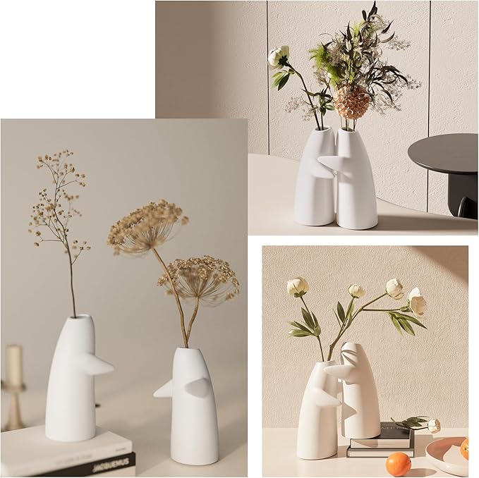 Hugging Flower Vases for Bouquet, 2 Pack White Ceramic Vases for for Centerpieces Home Decor Accents Terracotta Vase for Table Entryway Bookshelf Living Room