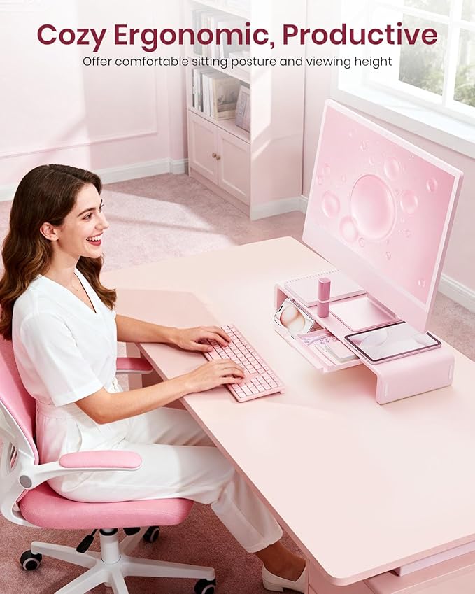 Pink Monitor Stand Riser, Klearlook Foldable, Height Adjustable Computer Stand, Desk Shelf Riser with Storage Drawer &Tablet Phone Stand for Desktop, Laptop