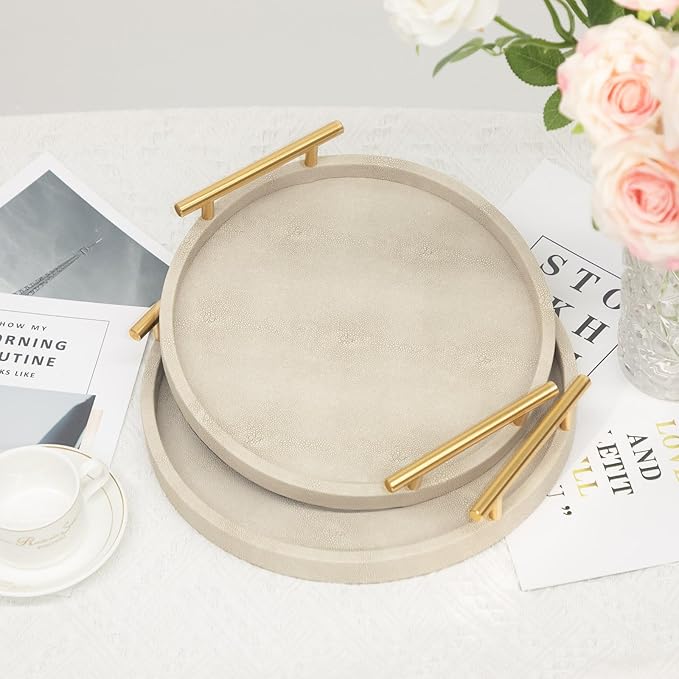 Modern Shagreen Tray, Round Serving Tray with Gold Polished Metal Handles, Decorative Trays Coffee Table Ottoman Trays for Living Room Bathroom Home Decor, Set of 2 (Ivory)