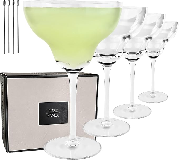 PURE MORA Margarita Glasses Set of 4, 12 oz Modern Bar Glass for Martini, Frozen Daiquiri, Tropical Summer Parties - Classic Coupe Cocktail Drinkware, Great Gift for Mixologists, Hand Blown Crystal