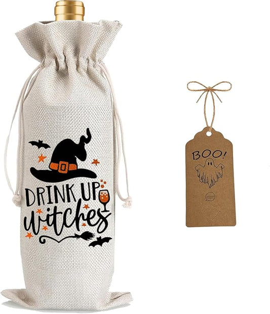 1Pcs Drink Up Witches Gifts Wine Bag,Halloween Wine Bag Halloween Gifts Party Decorations for Women Men with 1Pcs Kraft Blessing Cards and natural jute rope