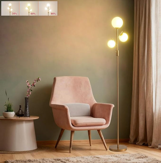 Fiqevs Upgraded Dimmable Globe Floor Lamp for Living Room, Mid Century Modern Gold Tree Floor Lamps with LED Bulbs, Elegant Standing Lamp for Bedroom Office Dining Room