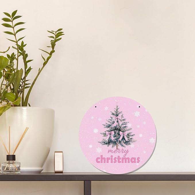 CGBHW Pink Christmas Wooden Sign, Coquette Aesthetic Christmas Tree Xmas Bows Hanging Sign Wall Decor for Girls Room Home, Winter Holiday Snowflake Door Decor 12 x 6 Inch