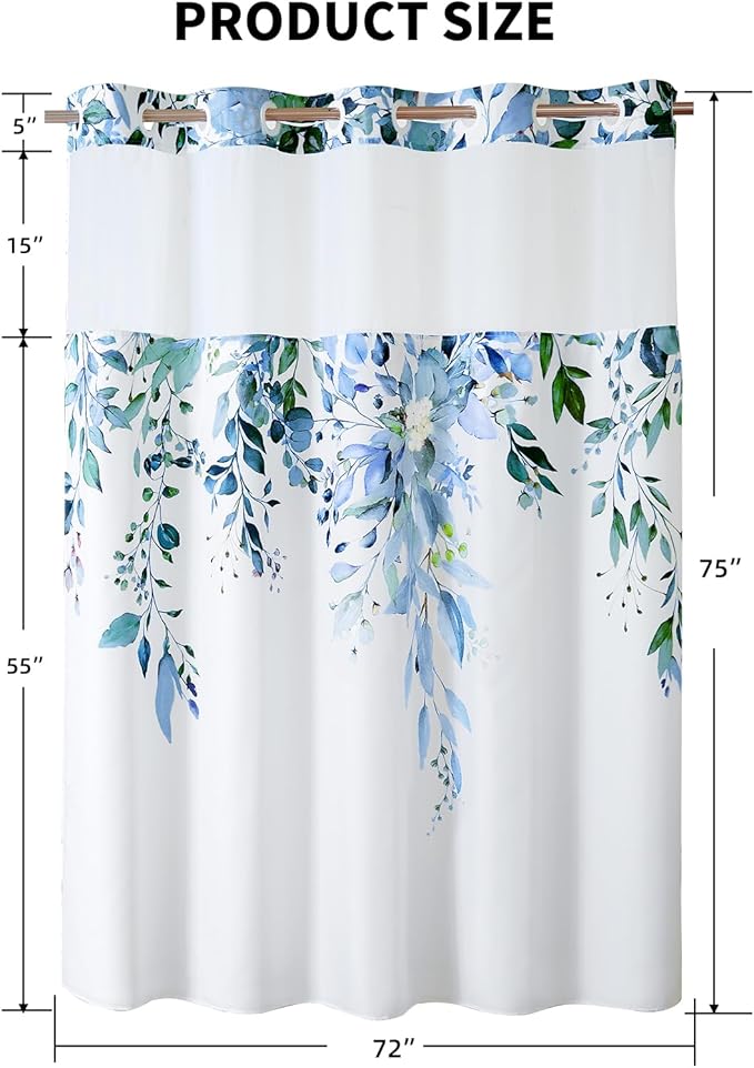 QiyI No Hook Shower Curtain with Snap in Fabric Liner, Blue Eucalyptus Shower Curtain with See Through Top Window, Waterproof Washable Cloth Ringless Shower Curtain Set for Bathroom, 72 x 75
