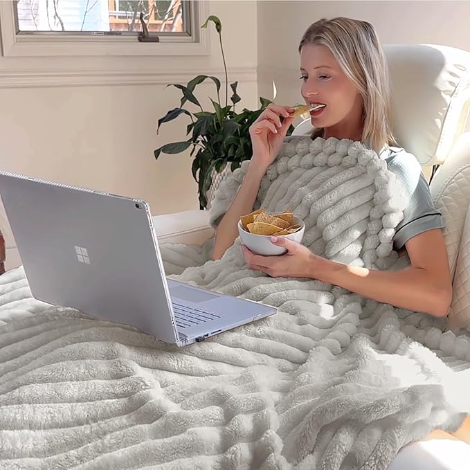 BEDELITE Blankets Queen Size for Bed, 300GSM Soft & Warm Fleece Blanket, Decorative and Giftable Striped Light Grey Blankets for Women, Men, 90"x90"