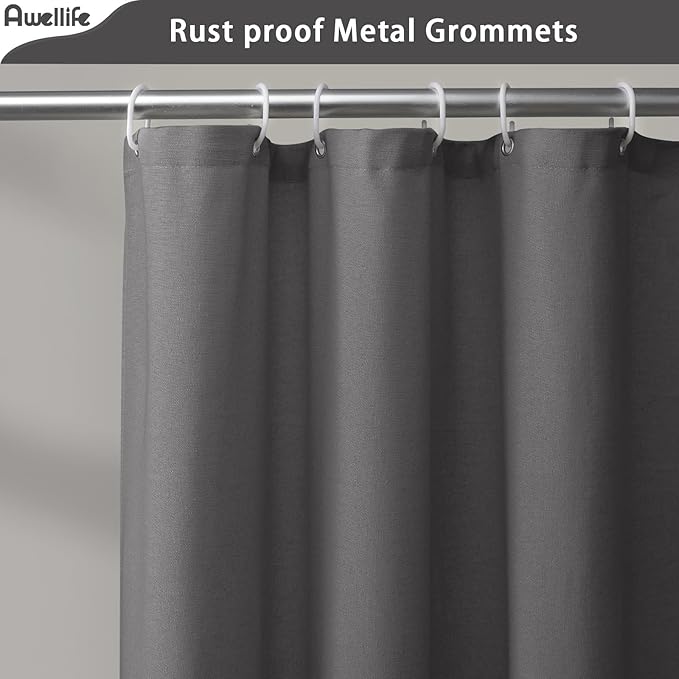 Awellife Farmhouse Grey Shower Curtain Button Linen Textured Woven Fabric,Pleated Grey Stripe,Country Style,72x72 Inch