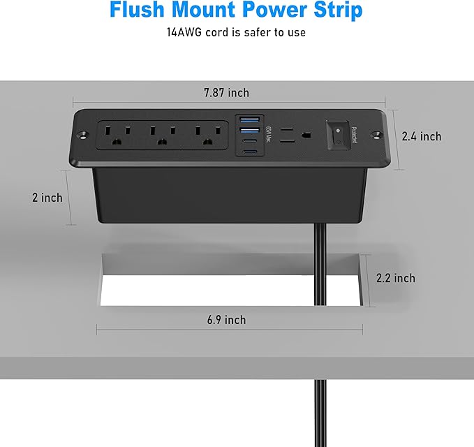 65W USB C Recessed Power Strip, Flush Mount Desktop Recessed Outlet with 4AC & 2 PD GaN USB C & 2 USB-A Ports, Furniture Hidden Drawer Fast Charging Station for Home Office