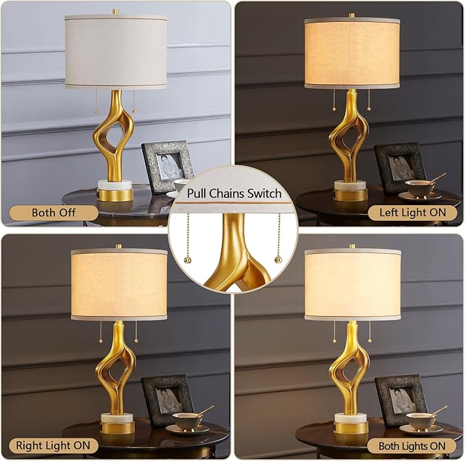 26” Modern Table Lamp Set of 2 for Living Room Bedroom, Gold Sculptural Table Lamp with 2 USB Ports, Resin Desk Lamps Marble Base with Double Pull Chains for Bedside End Tables, Bulb Included