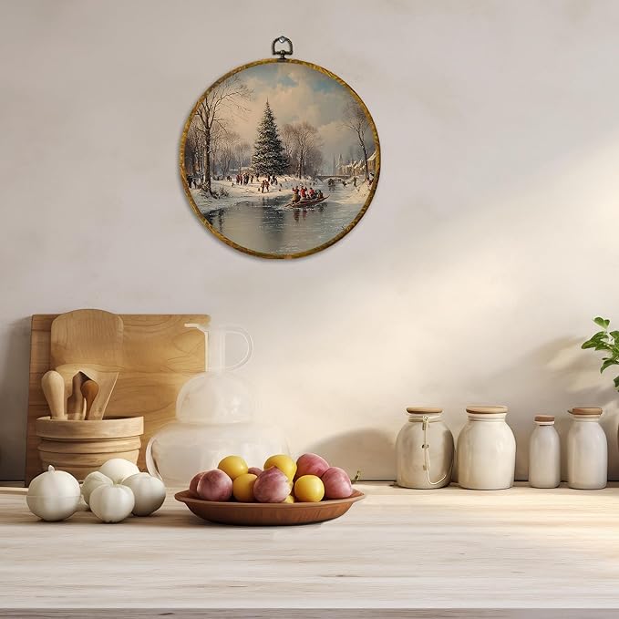 CUANFDDSF Rustic Christmas Winter Round Wall Art, Christmas Winter Scene Framed Hanging Wall Decor, Farmhouse Cozy Xmas Holiday Canvas Prints Decorations for Home Bedroom Living Room, 10x10 Inch